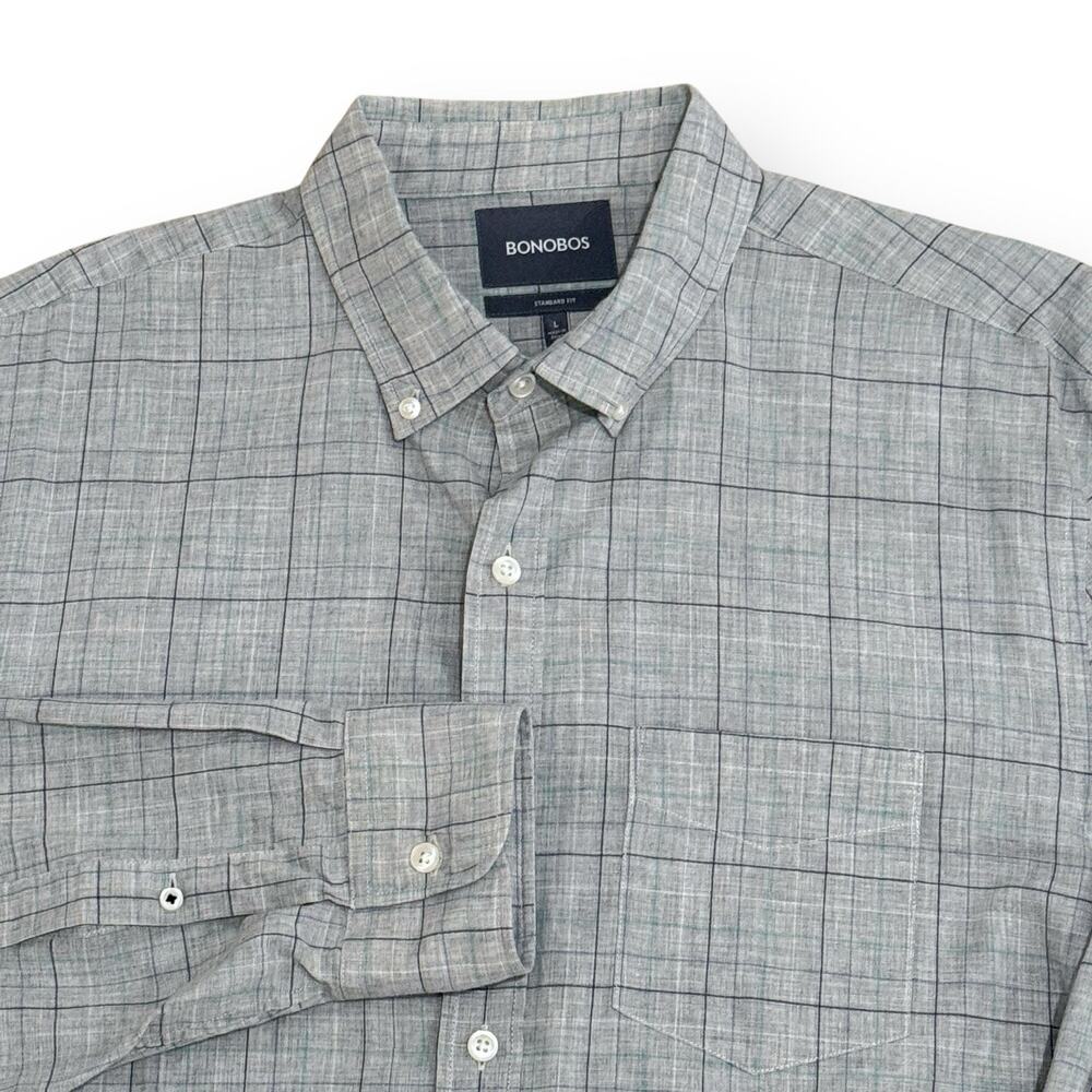 Bonobos Plaid Check Button Up Shirt Grey Blue Men's L Standard Fit Long Sleeve